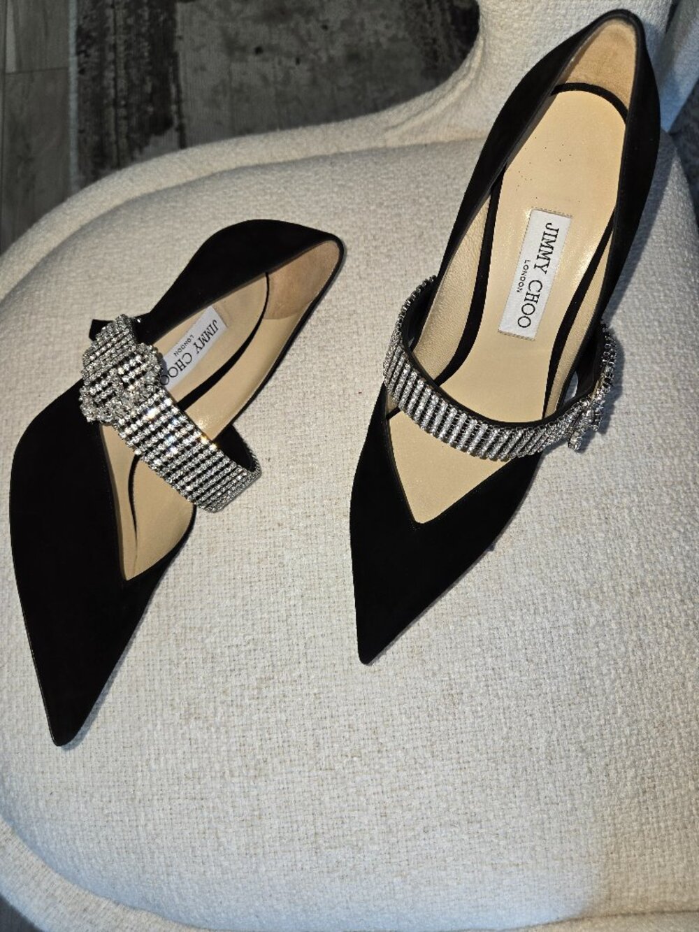 Jimmy Choo Black Pointed Toe Heels with Crystal Strap